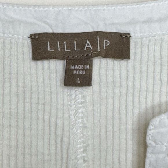 Lilla P Top Shirt Size L White Mixed Media Short Sleeve Split Neck Made in Peru - Picture 2 of 15